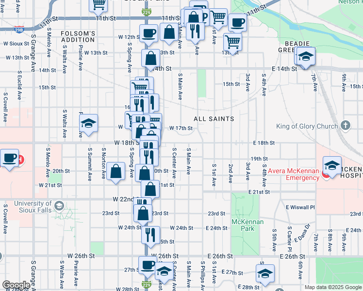 map of restaurants, bars, coffee shops, grocery stores, and more near 1012 South Main Avenue in Sioux Falls