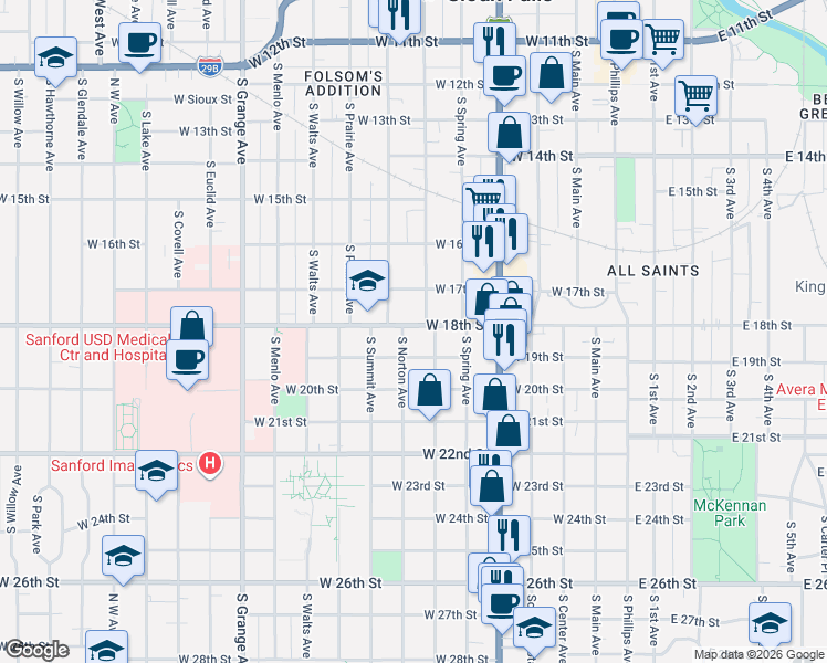 map of restaurants, bars, coffee shops, grocery stores, and more near 1020 South Norton Avenue in Sioux Falls