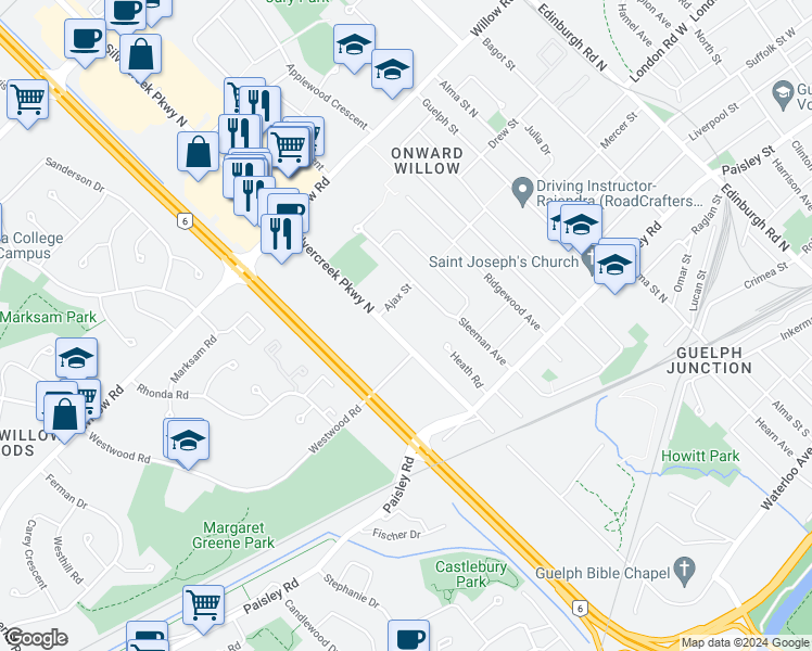 map of restaurants, bars, coffee shops, grocery stores, and more near 75 Silvercreek Parkway North in Guelph
