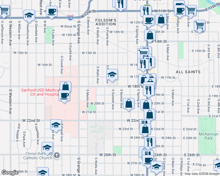 map of restaurants, bars, coffee shops, grocery stores, and more near 1017 South Summit Avenue in Sioux Falls