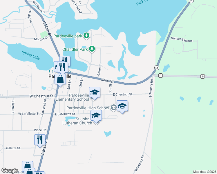 map of restaurants, bars, coffee shops, grocery stores, and more near 602 County Road P in Pardeeville