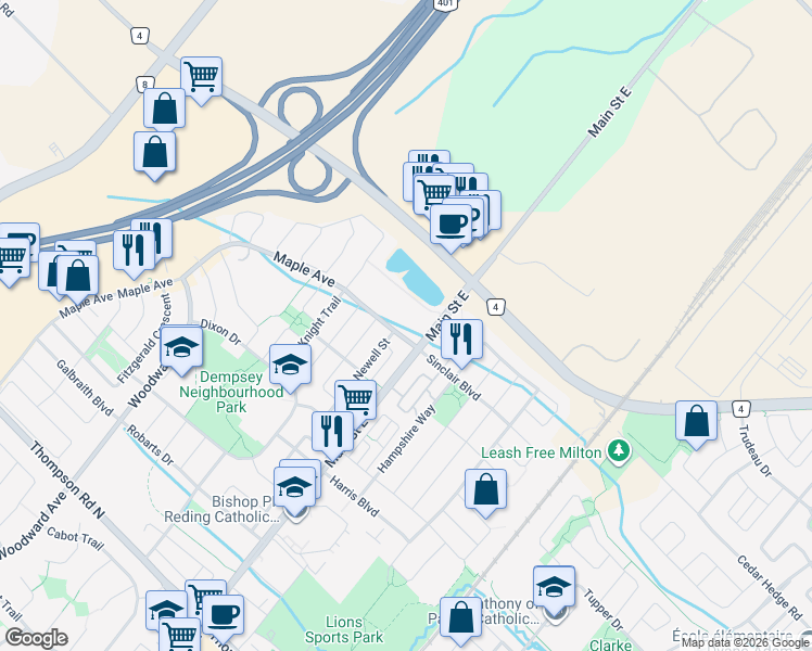 map of restaurants, bars, coffee shops, grocery stores, and more near 1487 Maple Avenue in Milton