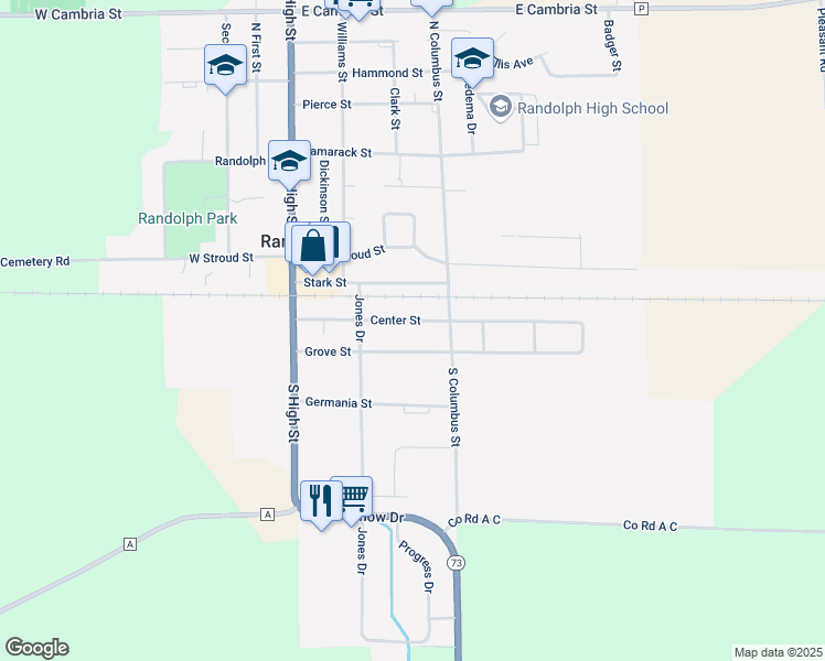 map of restaurants, bars, coffee shops, grocery stores, and more near 242 Grove Street in Randolph