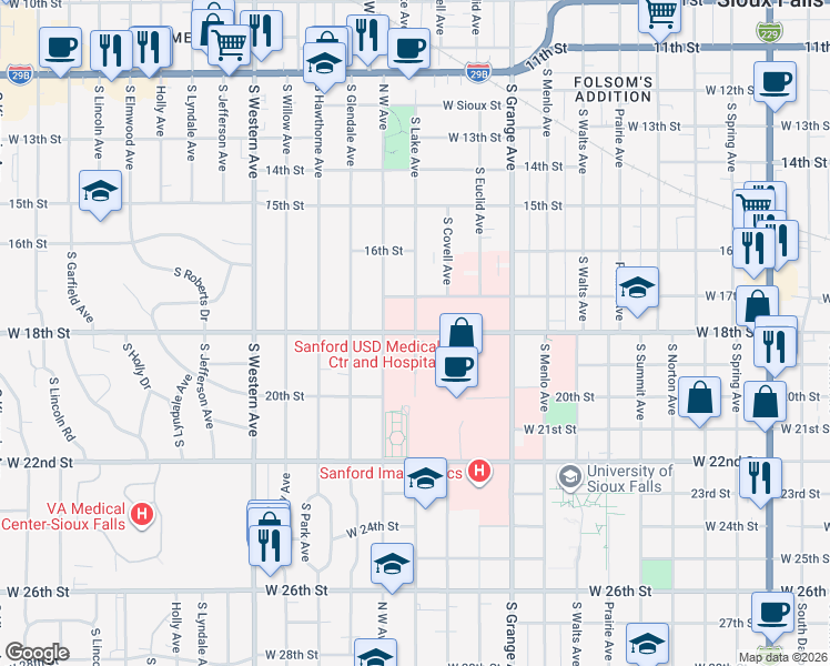 map of restaurants, bars, coffee shops, grocery stores, and more near West 18th Street in Sioux Falls
