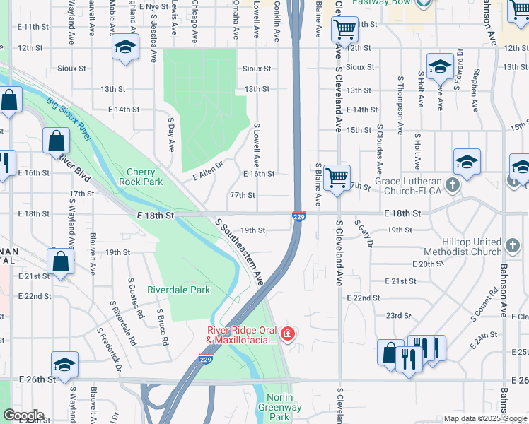 map of restaurants, bars, coffee shops, grocery stores, and more near 2598 E 19th St in Sioux Falls