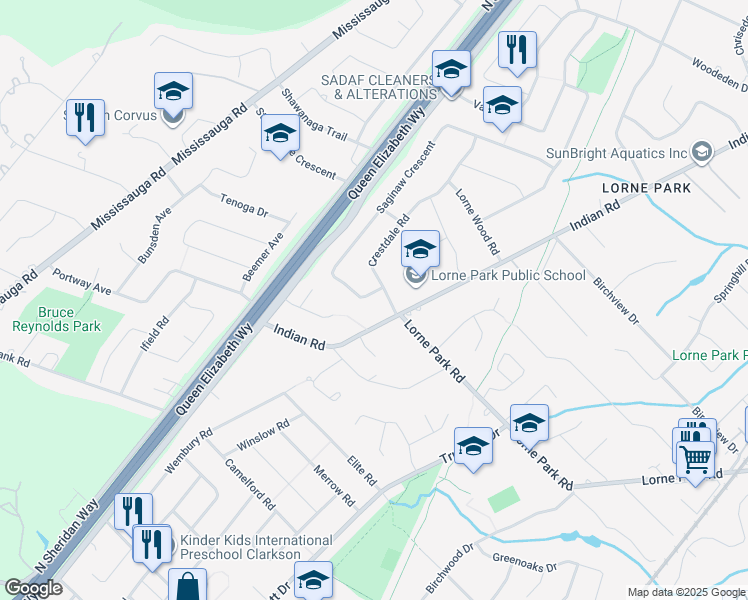 map of restaurants, bars, coffee shops, grocery stores, and more near 1443 Saginaw Crescent in Mississauga