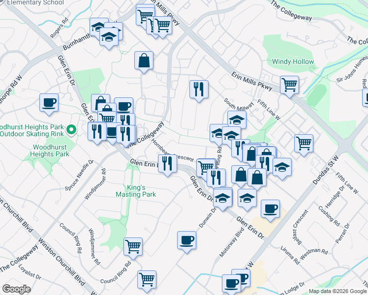 map of restaurants, bars, coffee shops, grocery stores, and more near 3286 Chokecherry Crescent in Mississauga