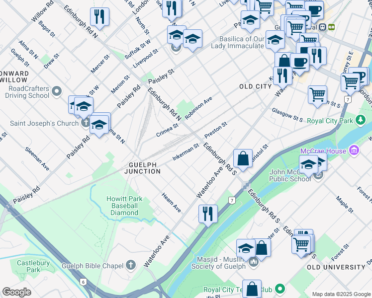 map of restaurants, bars, coffee shops, grocery stores, and more near 35 Inkerman Street in Guelph