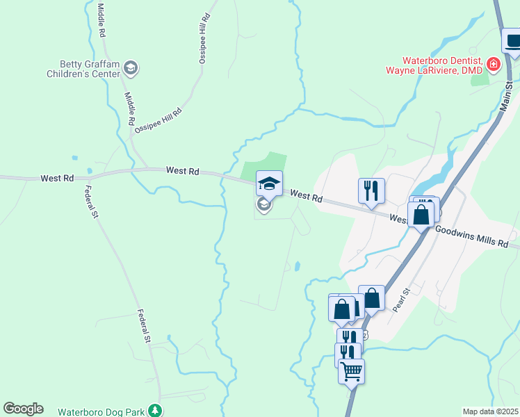 map of restaurants, bars, coffee shops, grocery stores, and more near 88 West Road in Waterboro