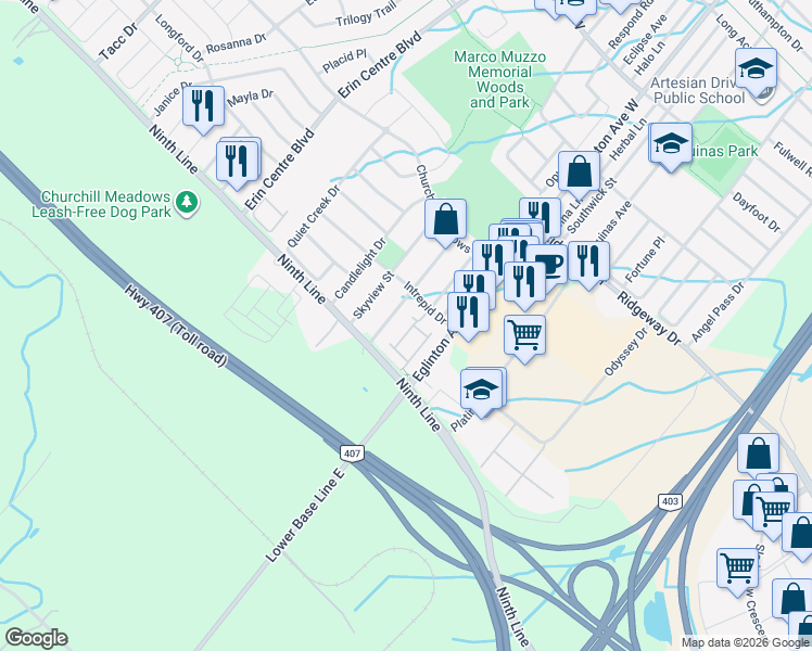 map of restaurants, bars, coffee shops, grocery stores, and more near in Mississauga