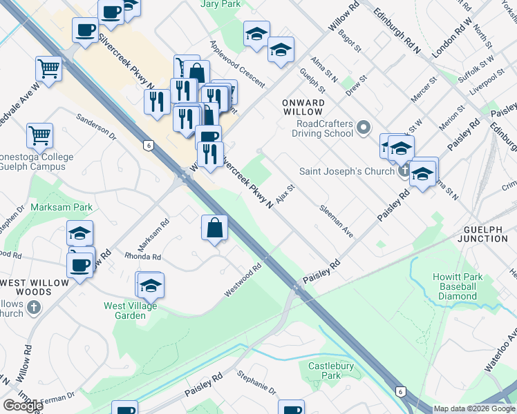 map of restaurants, bars, coffee shops, grocery stores, and more near 90 Silvercreek Parkway North in Guelph