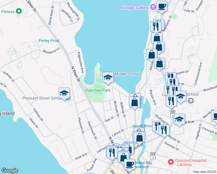 map of restaurants, bars, coffee shops, grocery stores, and more near 150 McGrath Street in Laconia