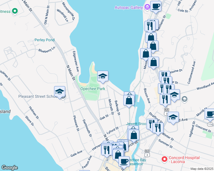 map of restaurants, bars, coffee shops, grocery stores, and more near 150 McGrath Street in Laconia
