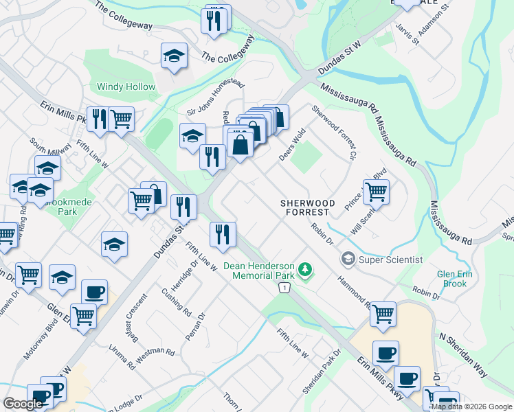 map of restaurants, bars, coffee shops, grocery stores, and more near 2586 Hammond Road in Mississauga