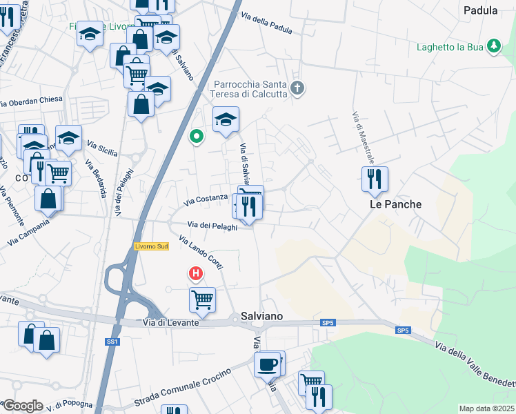 map of restaurants, bars, coffee shops, grocery stores, and more near 7 Via Renuccio Renucci in Livorno