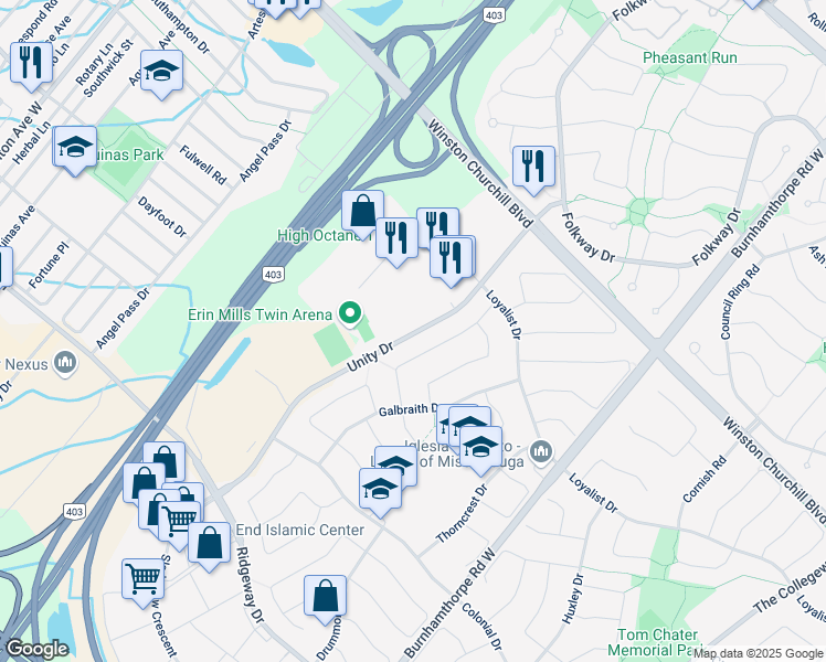 map of restaurants, bars, coffee shops, grocery stores, and more near 3165 Unity Drive in Mississauga