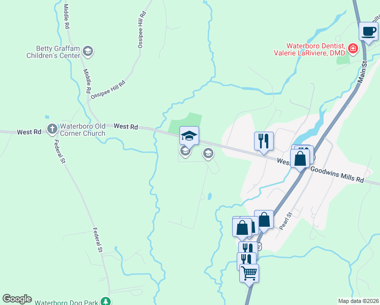 map of restaurants, bars, coffee shops, grocery stores, and more near 88 West Road in Waterboro