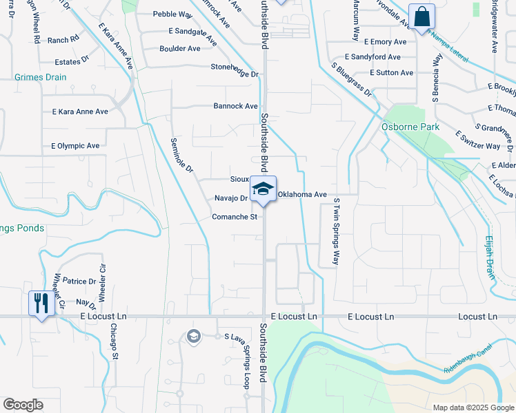 map of restaurants, bars, coffee shops, grocery stores, and more near 3008 Navajo Drive in Nampa