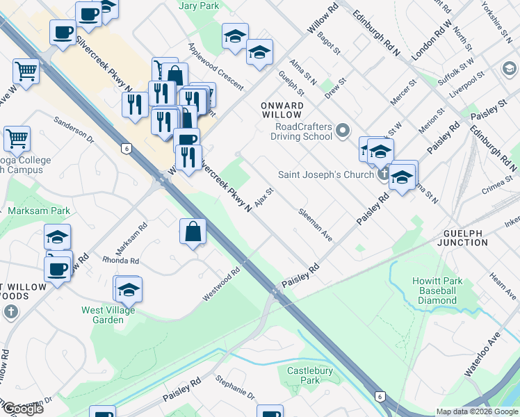 map of restaurants, bars, coffee shops, grocery stores, and more near 10 Ajax Street in Guelph