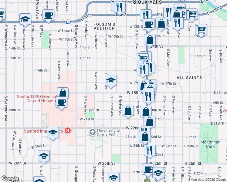 map of restaurants, bars, coffee shops, grocery stores, and more near 710 West 18th Street in Sioux Falls
