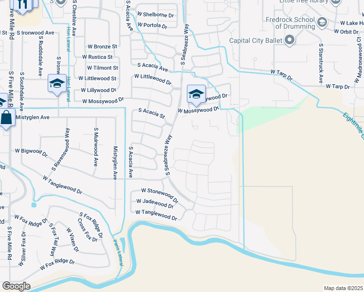 map of restaurants, bars, coffee shops, grocery stores, and more near 9410 West Hearthside Drive in Boise