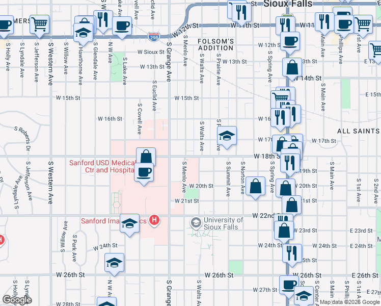 map of restaurants, bars, coffee shops, grocery stores, and more near 900 South Menlo Avenue in Sioux Falls