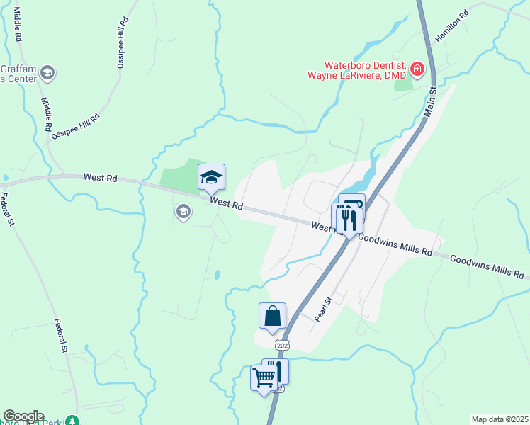 map of restaurants, bars, coffee shops, grocery stores, and more near 67 West Road in Waterboro