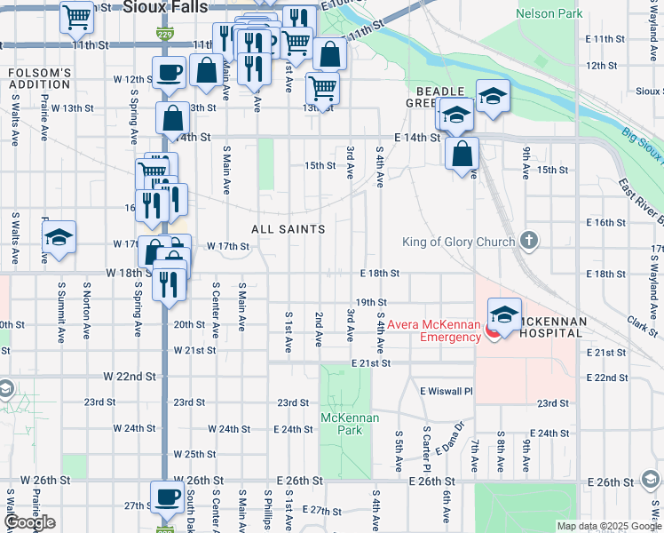 map of restaurants, bars, coffee shops, grocery stores, and more near 765 South 3rd Avenue in Sioux Falls