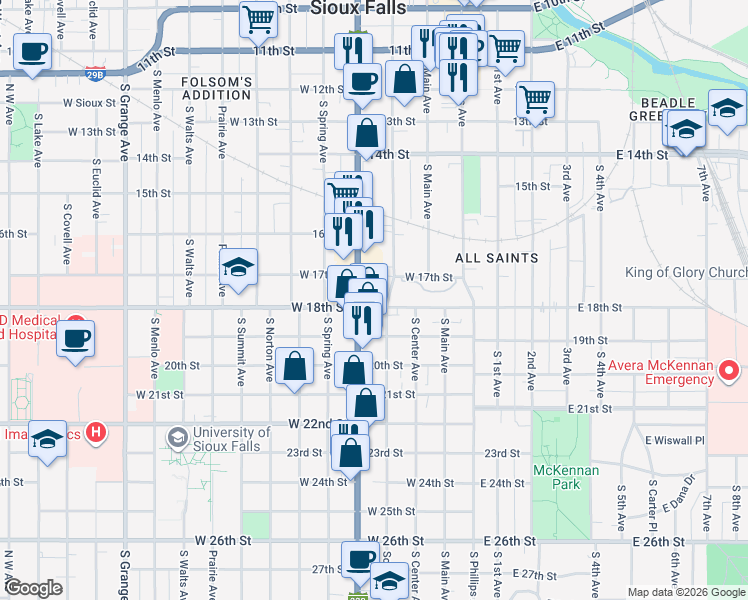 map of restaurants, bars, coffee shops, grocery stores, and more near 903 South Dakota Avenue in Sioux Falls