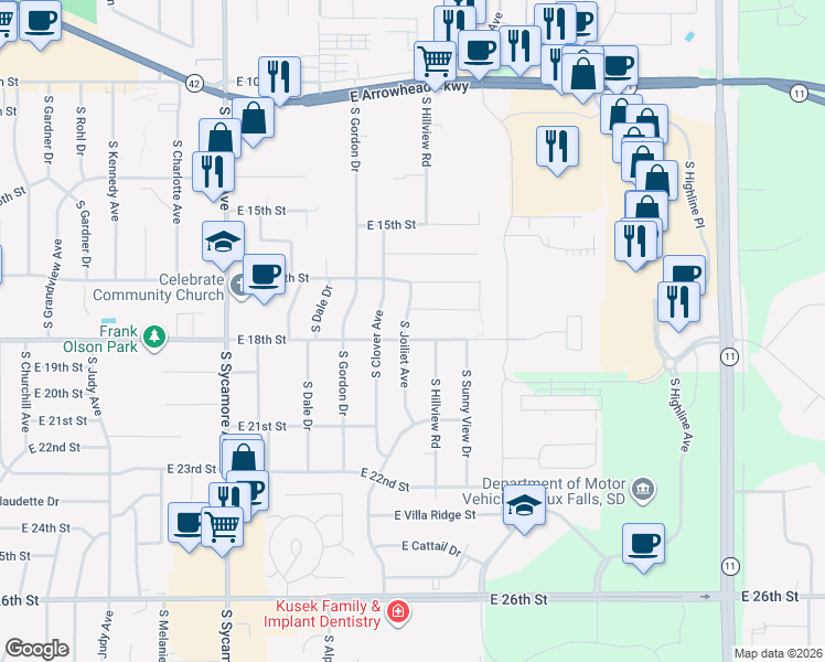 map of restaurants, bars, coffee shops, grocery stores, and more near 1013 South Joliet Avenue in Sioux Falls