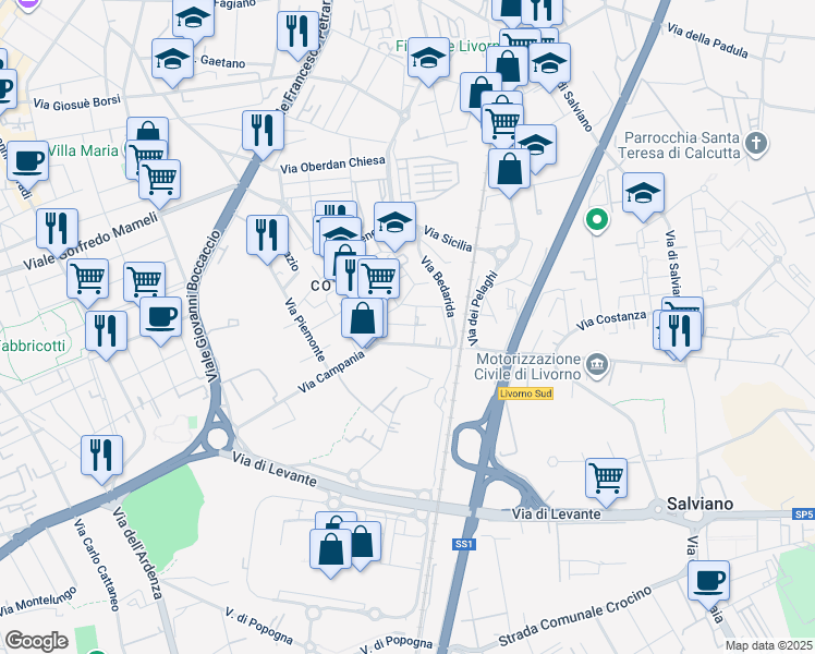 map of restaurants, bars, coffee shops, grocery stores, and more near 12 Via Lombardia in Livorno