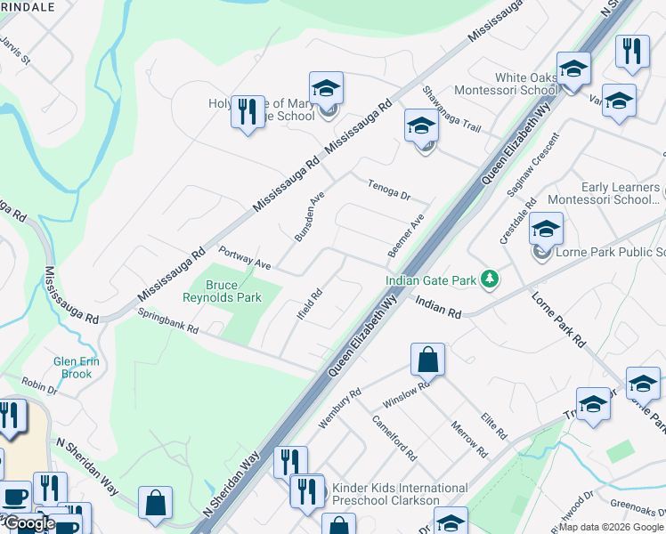 map of restaurants, bars, coffee shops, grocery stores, and more near in Mississauga