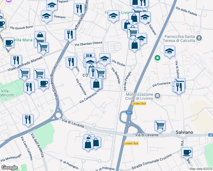 map of restaurants, bars, coffee shops, grocery stores, and more near 12 Via Lombardia in Livorno