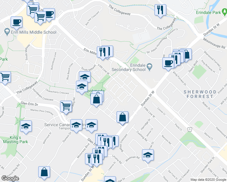 map of restaurants, bars, coffee shops, grocery stores, and more near 3100 Fifth Line West in Mississauga