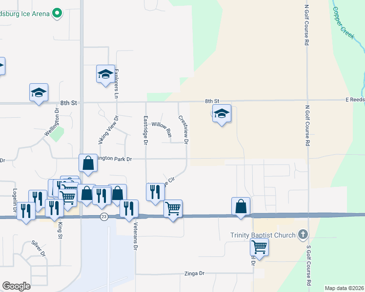 map of restaurants, bars, coffee shops, grocery stores, and more near 2145 Cambridge Court in Reedsburg