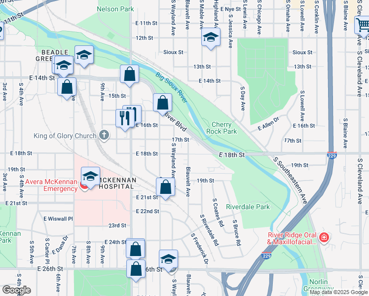 map of restaurants, bars, coffee shops, grocery stores, and more near 1509 East 17th Street in Sioux Falls