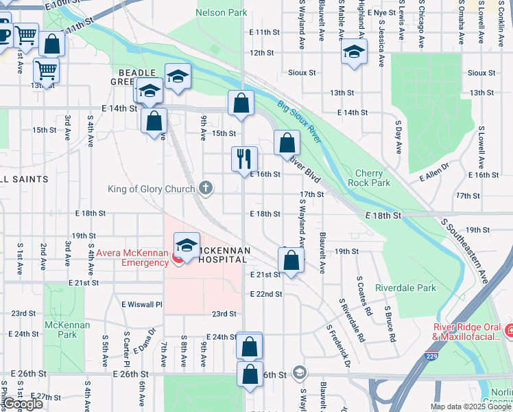 map of restaurants, bars, coffee shops, grocery stores, and more near 1000 Cliff Avenue in Sioux Falls
