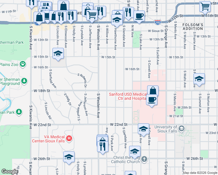 map of restaurants, bars, coffee shops, grocery stores, and more near 905 South Willow Avenue in Sioux Falls