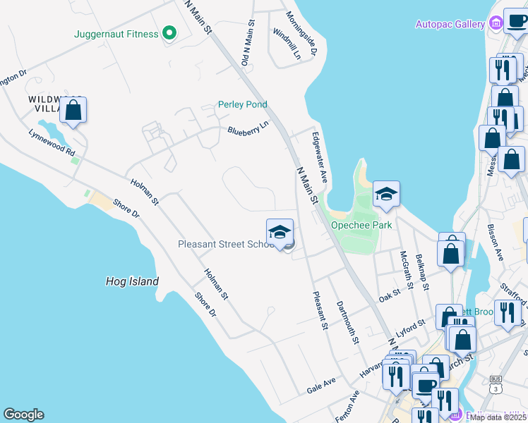 map of restaurants, bars, coffee shops, grocery stores, and more near 212 Sarah Circle in Laconia