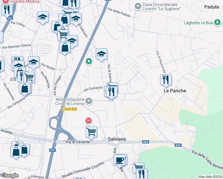 map of restaurants, bars, coffee shops, grocery stores, and more near Via Costanza in Livorno