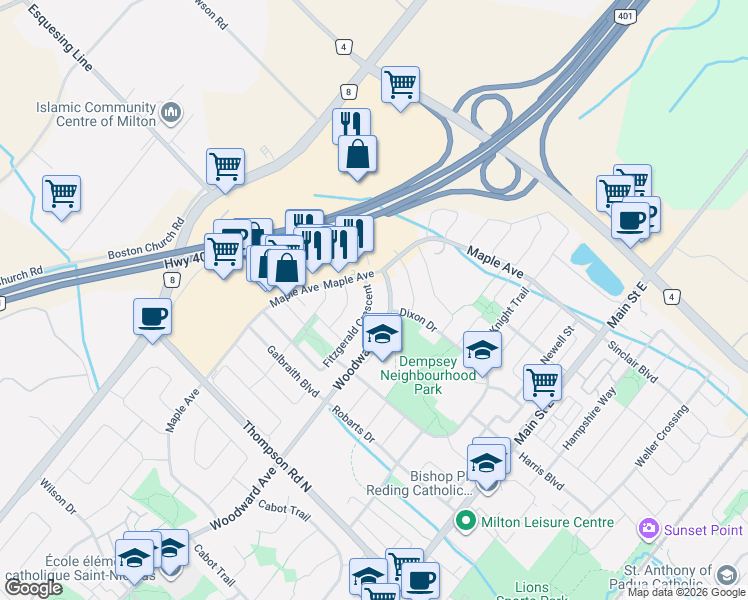 map of restaurants, bars, coffee shops, grocery stores, and more near 137 Fitzgerald Crescent in Milton