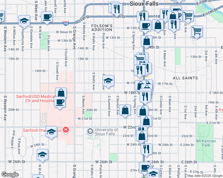 map of restaurants, bars, coffee shops, grocery stores, and more near 710 West 18th Street in Sioux Falls