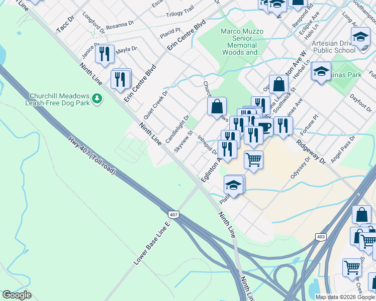 map of restaurants, bars, coffee shops, grocery stores, and more near 3977 Stardust Drive in Mississauga