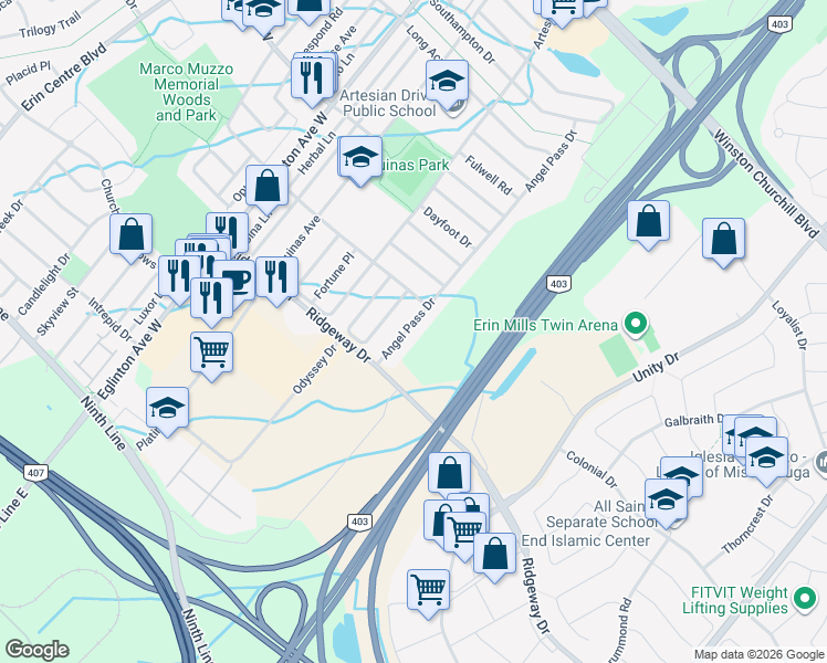 map of restaurants, bars, coffee shops, grocery stores, and more near 3434 Angel Pass Drive in Mississauga