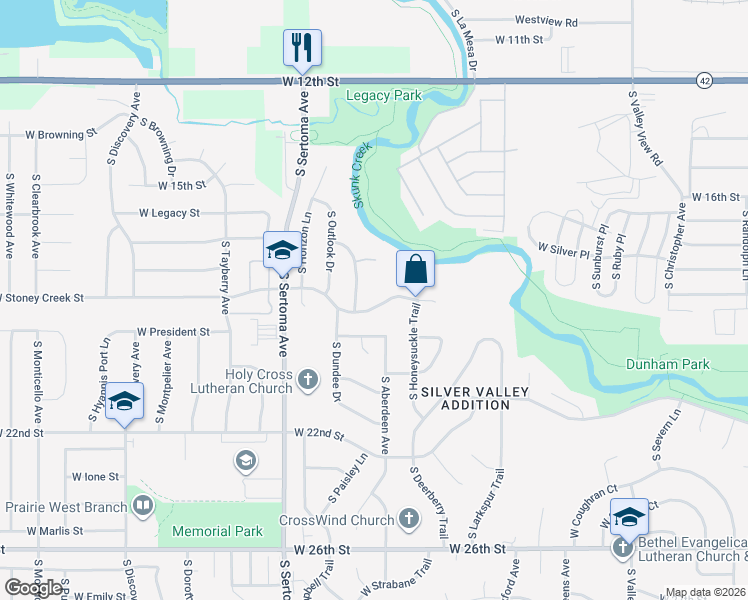 map of restaurants, bars, coffee shops, grocery stores, and more near 6816-7098 West Stoney Creek Circle in Sioux Falls