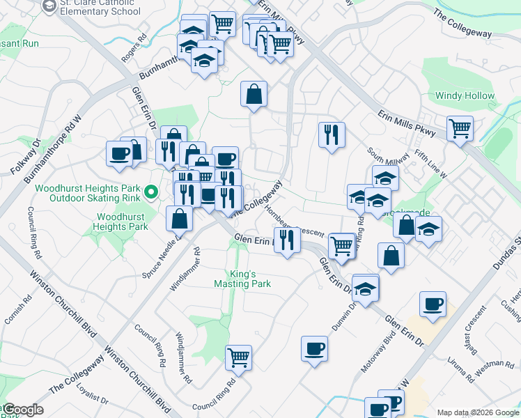 map of restaurants, bars, coffee shops, grocery stores, and more near 3350 Hornbeam Crescent in Mississauga