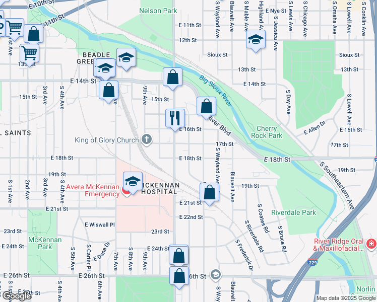 map of restaurants, bars, coffee shops, grocery stores, and more near 1307 East 17th Street in Sioux Falls