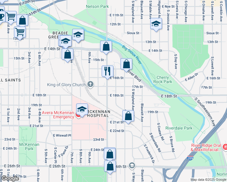 map of restaurants, bars, coffee shops, grocery stores, and more near 1000 Cliff Avenue in Sioux Falls