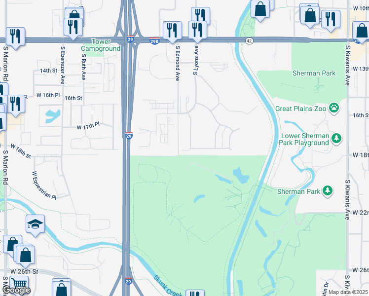 map of restaurants, bars, coffee shops, grocery stores, and more near 917 South Newcomb Avenue in Sioux Falls