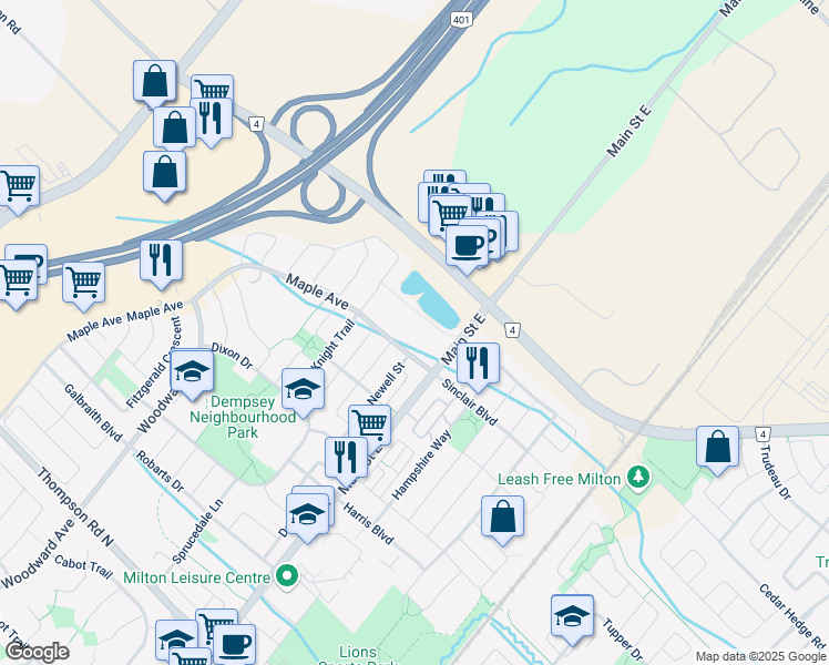 map of restaurants, bars, coffee shops, grocery stores, and more near 1483 Maple Avenue in Milton